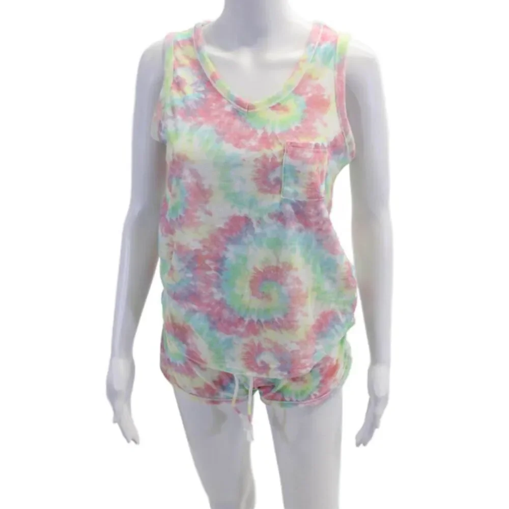 Emerson Road Womens Tie Dyed Terry Pajama Tank Top Shorts Set Multicolored XS